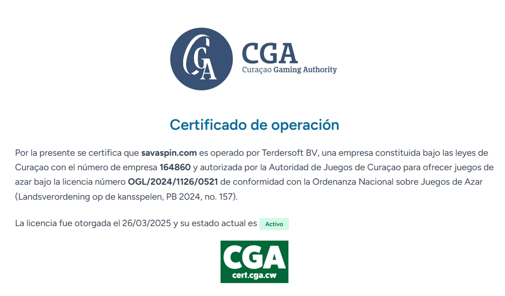 Certificado de operación de Savaspin con licencia de Curaçao Gaming Authority